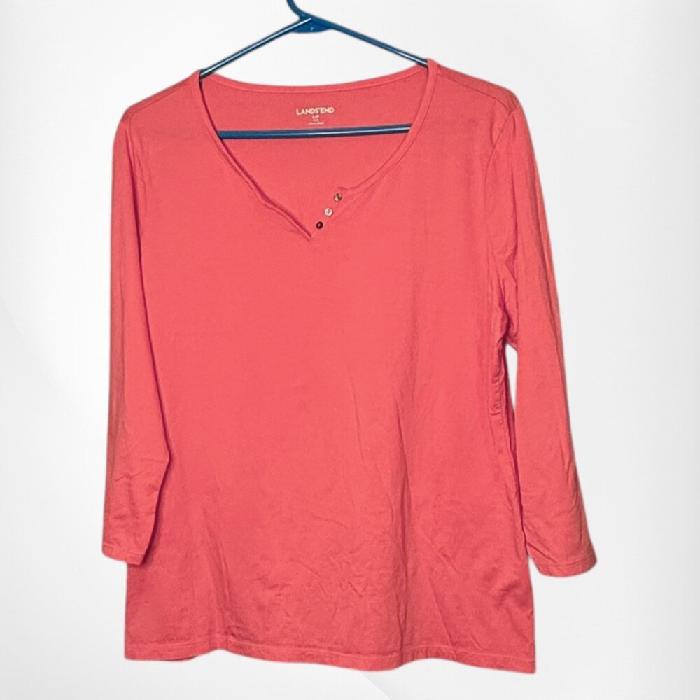 Peach Pink Land's End Long Sleeve Henley V-neck Button Top Shirt Women's size L